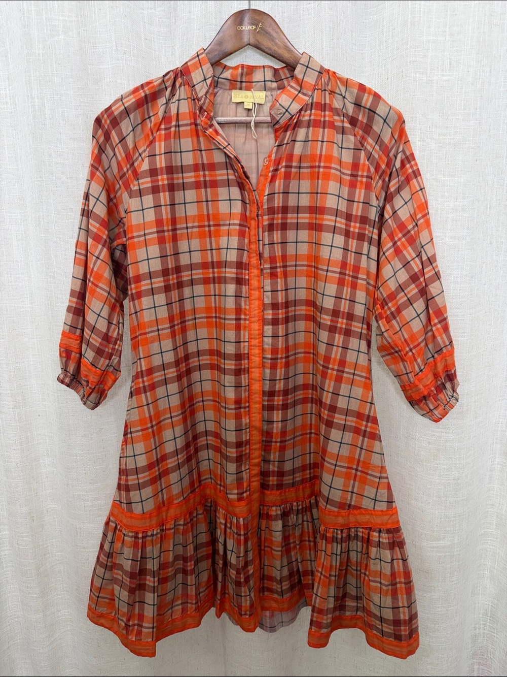 Isla Payal Orange Tan Fall Plaid Tiered Shirt Dress Size Medium NWOT
